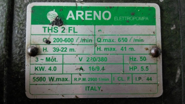 ** SOLD ** ปั้มน้ำ ARENO Made in ITALY ใบพัดทองเหลือง 5.5 HP 380V 2900 RPM สดใหม่วิ่งเงียบมาเทสได้
