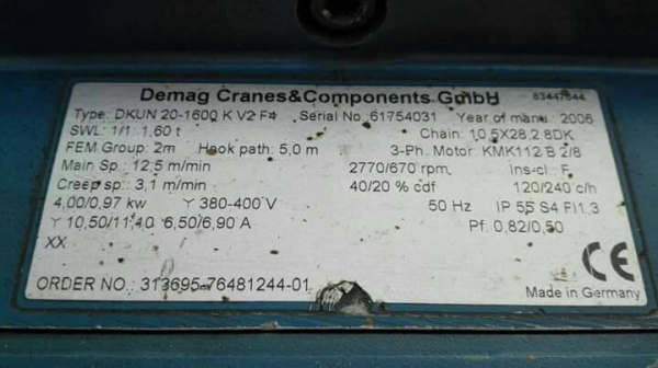 **** Sold **** รอกโซ่ DEMAG Made in Germany 1.6 t. ไฟ 380V สภาพสวยอุปกรณ์ครบมาเทสก่อนได้!!