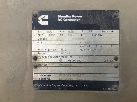 เครื่องกำเนิดไฟฟ้า CUMMINS VTA1710/625KVA(Gen Set)(ตัวที่ 2)