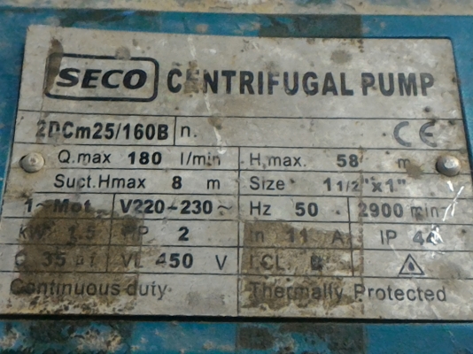 ปั็มน้ำแรงดันสูงขนาด 2 แรงม้า ยี่ห้อ SECO ท่อเข้า 1.5 นิ้ว ดันน้ำขึ้นได้สูงถึง 58 เมตร