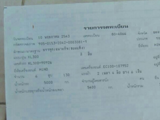 หกล้อ ฮีโน่ KL300 EC100-130ดั้ม สภาพดีเดิมๆพร้อมใช้ ทะเบียนพร้อมโอน