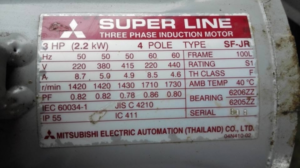 ** ขายแล้วครับ!! ** มอเตอร์ Mitsubishi 3 HP 380V รุ่นใหม่ชนห้าง SF-JR สภาพใหม่เก่าเก็บขึ้นงานนับชั่วโมงมาเทสได้เลย.