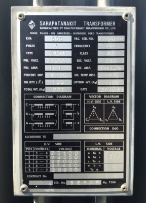 ขายหม้อแปลง ขนาด 500 Kva ยี่ห้อสหพัฒนกิจ Hv 22,000V Lv 200V ปี 53 สอบถามเพิ่มเติมได้ที่ K.pipat 098-2641749