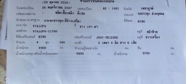 ขายรถบรรทุกหกล้อ Hino FC4J เครื่อง JO5C-144 แรง ปี 47 กระบะช่วงยาว 5.50 เมตร ทะเบียนพร้อม
