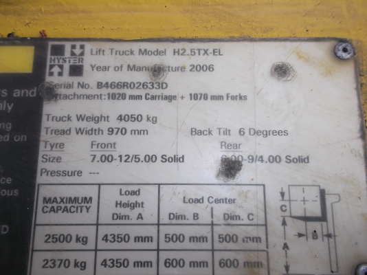 ขายโฟล์คลิฟท์ HYSTER รุ่น H 2.5 TX- EL เสาคู่ สูง 4 เมตร ใช้แก๊ส
