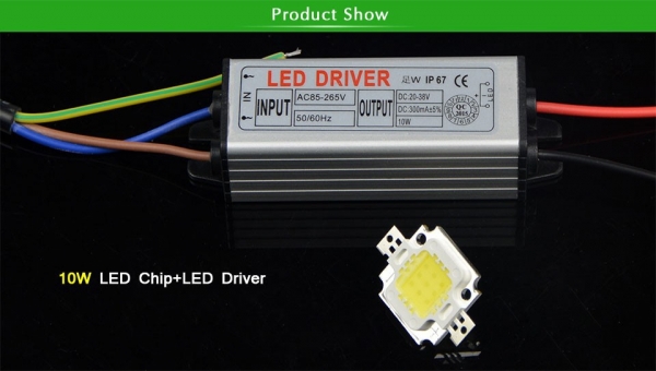 ชุดหลอดไฟ LED พร้อมไดร์ ขนาดชิป 10W (300mA) ส่องสว่าง: 90-120LM / W อุณหภูมิในการทำงาน: -20 องศาเซลเซียสถึง 60 องศาเซลเซียส อุณหภูมิสี: โทนสีขาว: 3000-3200K สีขาว: 6000-6500K