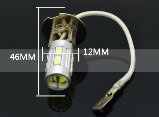 หลอดไฟ LED จำนวน 1 ชุด มีสองหลอด หน้ารถหน้าแปลนชนิด H3 ไฟตัดหมอก, ไฟวิ่งกลางวัน แรงดันทำงาน: DC12V.ความสว่าง