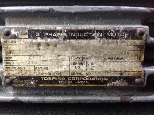 ขายมอเตอร์ Toshiba 20HP. 1450rpm. 380V สภาพสวยเดิมๆ วิ่งนิ่ม พร้อมใช้งาน