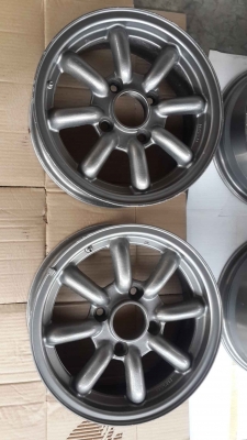 ล้อญี่ปุ่นเเท้  ลายกล้วย ยอดฮิต ขอบ 14 กว้าง 5 นิ้วครึ่ง ทั้ง 4 วง 4 รู 114 อ๊อฟ +30 สีเทากัลเดิมยุ่น