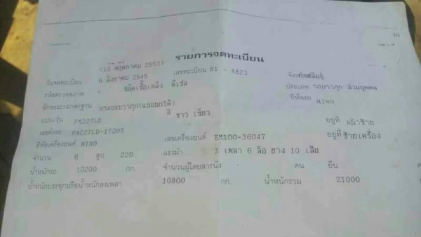 Hino Sumo227 ราคา  550,000 บาท  2 เพลา สโลว์Inter 4 สปีด เครื่อง EM100-220 แรง หัวบาง ยางดี ค้สชีสวย ทะเบียนพร้อม