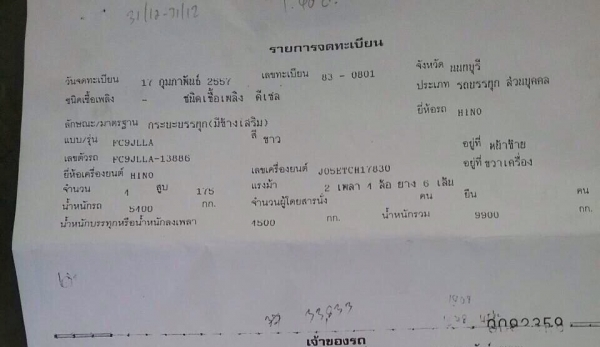 ขายรถบรรทุกหกล้อ HINO FC9J เครื่อง 175 แรง ปี 57 ช่วงยาว 6.50 เมตร ไมค์แท้ 40,000