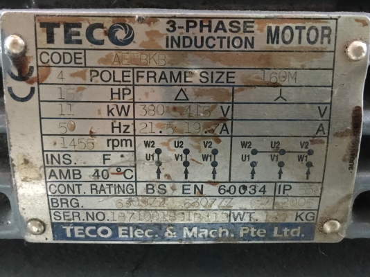 มอเตอร์ขนาด 15 แรงม้า ยี่ห้อ TECO ใช้ไฟ 380 V. 3 เฟส รอบ 1455 รอบต่อนาที