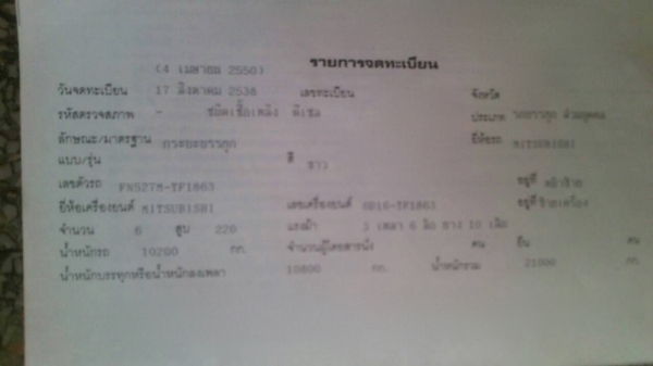 รถมิตซู 10 ล้อดั้ม FN527M - TF  220 แรงม้า. ปี 38.    สนใจติดต่อ  081 - 6079515