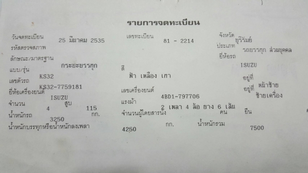 ขายรถ ISUZU KS32  ยาว5เมตร วางเครื่อง 4BD1 115แรงม้า(ลงเล่มแล้ว) วางหัวNPR(ลงเล่มแล้ว) เครื่องดี คัสซีสวย  เกียร์ยาว  พวงมาลัยเพาเวอร์  เบรคดี  กระบะ ยาว 5 เมตร ทะเบียนขาด10ปี เล่มทะเบียนพร้อมชุดโอน ราคา.175,000บาท ต่อรองได้ โทร.080-1085007 บอล รถอยู่.จัง