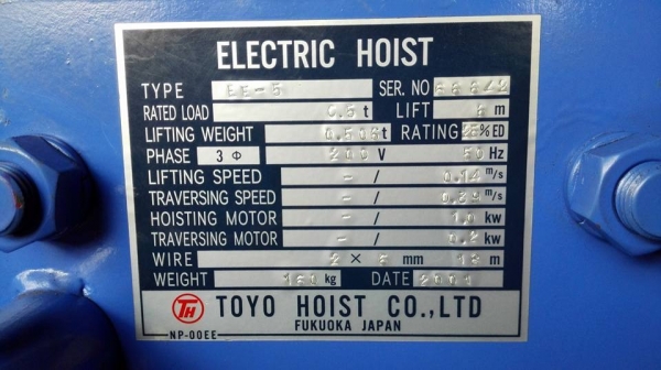 ** SOLD ** รอกสลิงไฟฟ้าพร้อมตัวเดิน TOYO HOIST JAPAN 0.5 ตัน สดนอกลงตู้ 3 เฟส 200V ใหม่ 100\% ไม่เคยใช้งาน!!