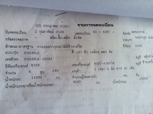ขาย HINO FM 3M 240 แรง 2 เพลา เทรนเลอร์ต่อใหม่ขึ้น320 ราคา 900000 บาท