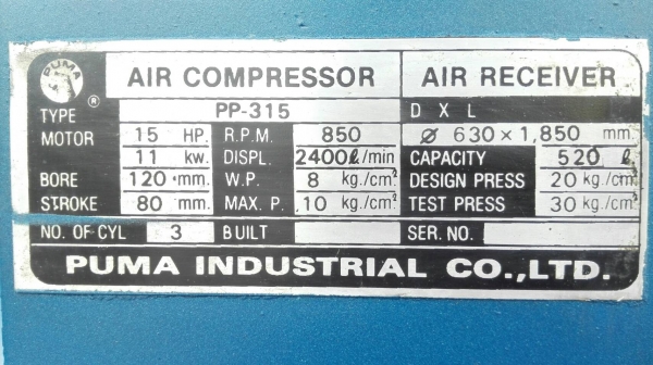 Sell> ขายปั้มลมพูม่า‬ PUMA 15 HP ถังจุ 520 ลิตร ระบบไฟ 380V สภาพใสๆใหม่กริ้บเชคทุกระบบพร้อมใช้งาน ประกันร้าน 6 เดือน มาเทสก่อนได้เลย!!