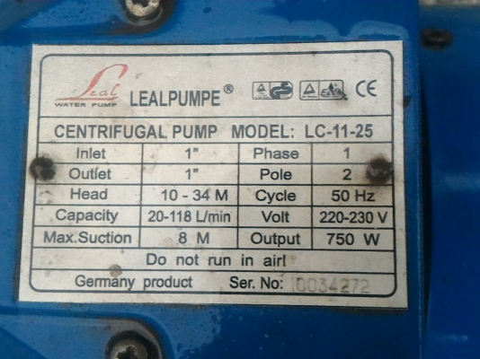 ปั๊มน้ำขนาดกำลัง 1แรงม้า 750 W.ยี่ห้อ LEALPUMP  ท่อเข้า - ออก 1นิ้ว ดันน้ำขึ้นได้สูง 34 ม.ใช้ไฟบ้าน 220 V.